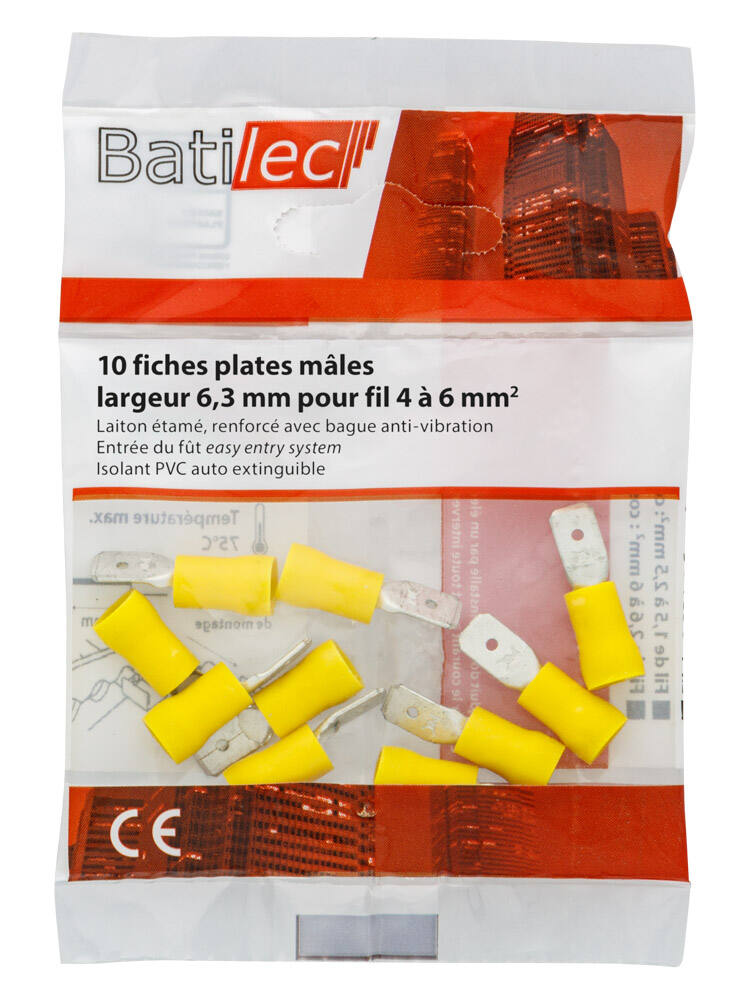 10 fiches plates mâles jaune Section 4-6 mm²