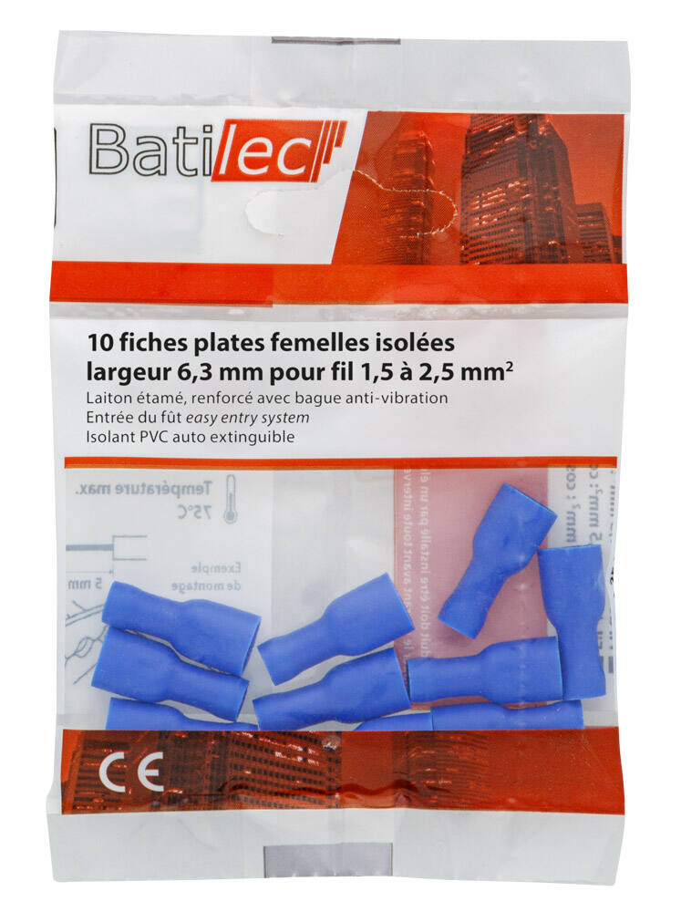 10 fiches plates femelles isolées bleu Section 1,5-2,5 mm²