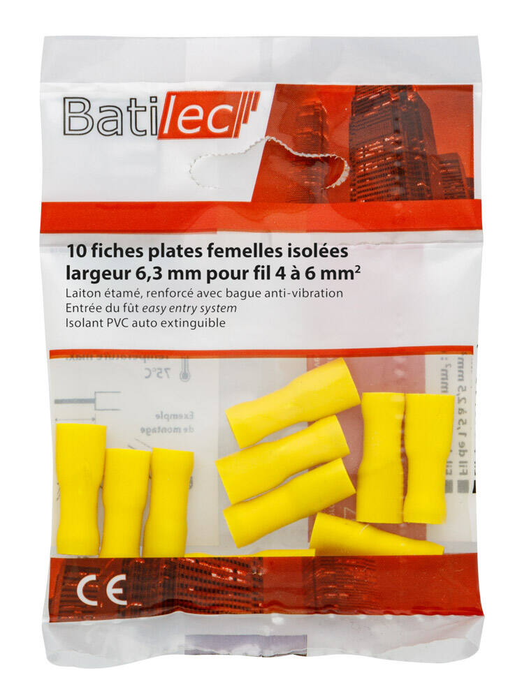 10 fiches plates femelles isolées jaune Section 4-6 mm²