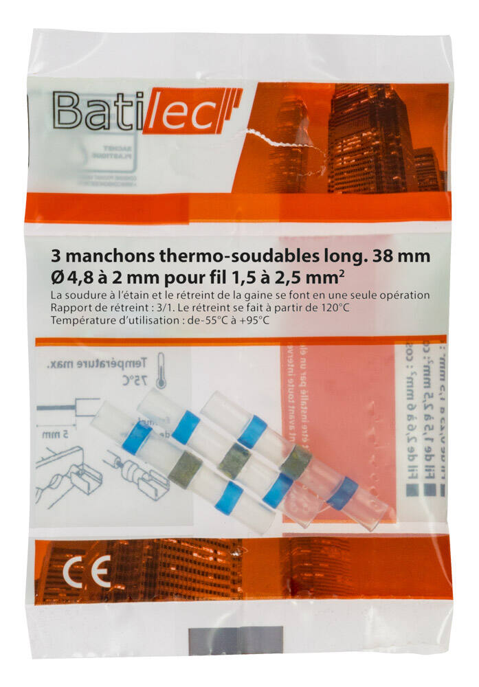 3 manchons thermo-soudables pré-isolés bleu Section 1,5-2,5 mm²