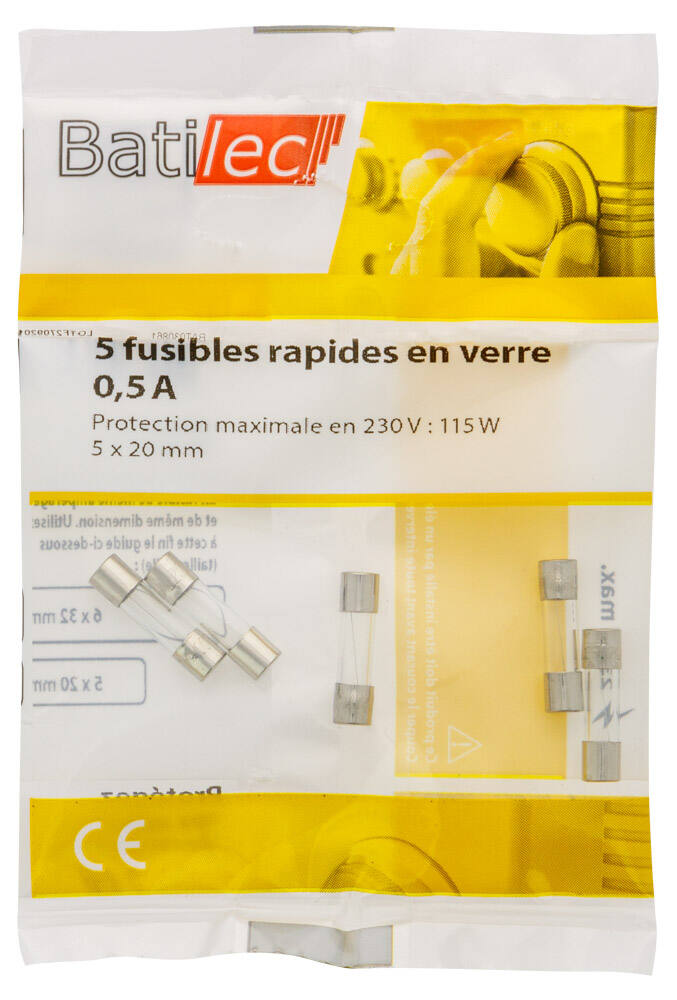 5 fusibles rapides en verre 0,5A 5x20mm BAT030861 - BATILEC