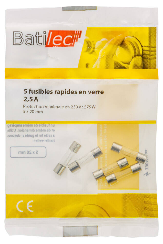 5 fusibles rapides en verre 2,5A 5x20mm BAT030908 - BATILEC