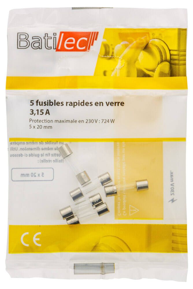 5 fusibles rapides en verre 3,15A 5x20mm BAT030915 - BATILEC