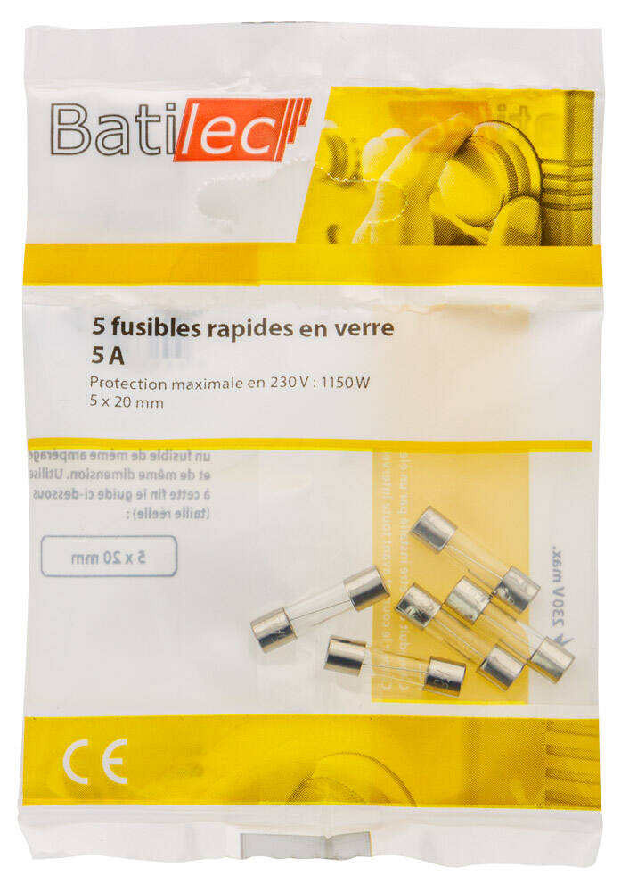 5 fusibles rapides en verre 5A 5x20mm BAT030939 - BATILEC