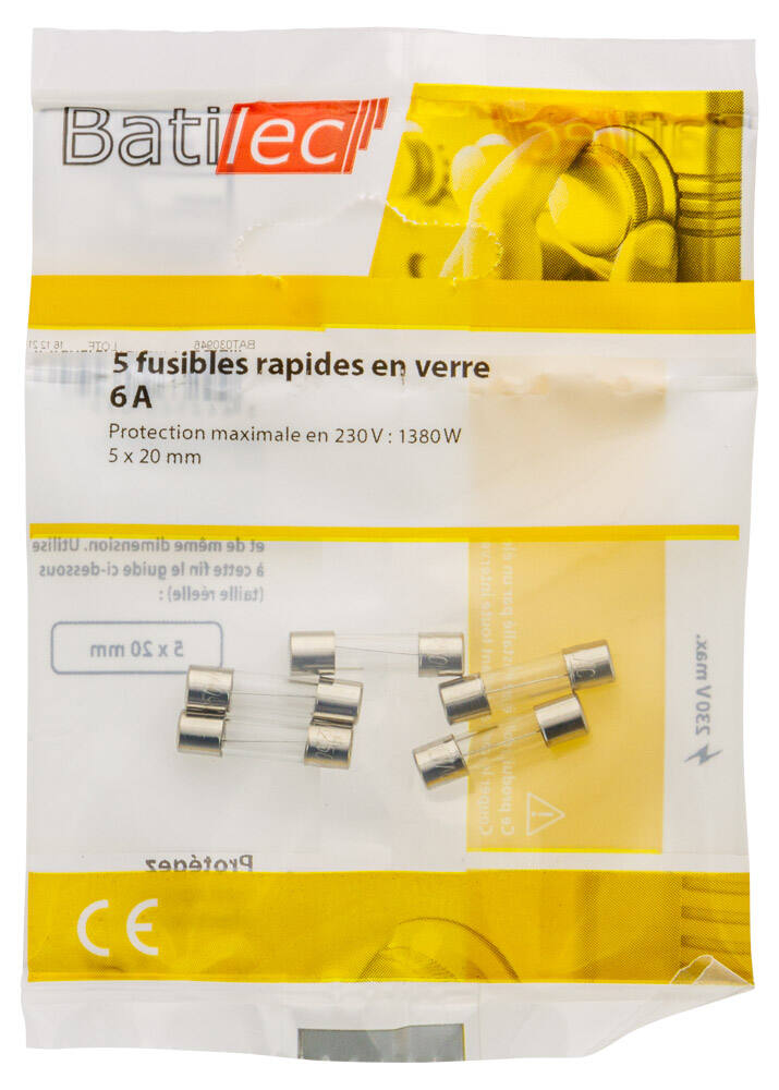 5 fusibles rapides en verre 6A 5x20mm BAT030946 - BATILEC