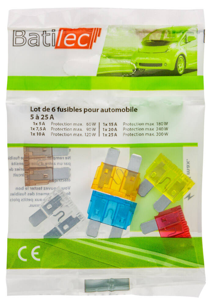 6 fusibles pour automobile (1x5A + 1x7,5A + 1x10A + 1x15A + 1x20A + 1x25A) BAT031028 - BATILEC