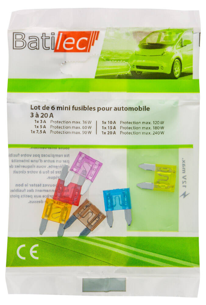 6 mini fusibles pour automobile (1x3A + 1x5A + 1x7,5A + 1x10A + 1x15A + 1x20A) BAT031035 - BATILEC