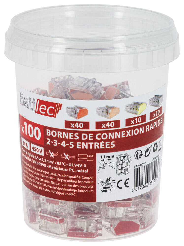 100 bornes de connexion automatique 2,3,4 ou 5 entrées pour fil rigide - BATILEC