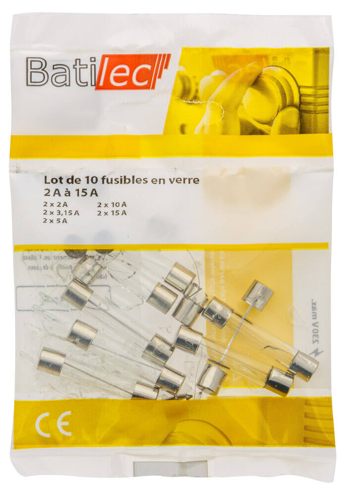 10 fusibles rapides en verre (2x2A + 2x3,15A + 2x5A + 2x10A + 2x15A) BAT036252 - BATILEC