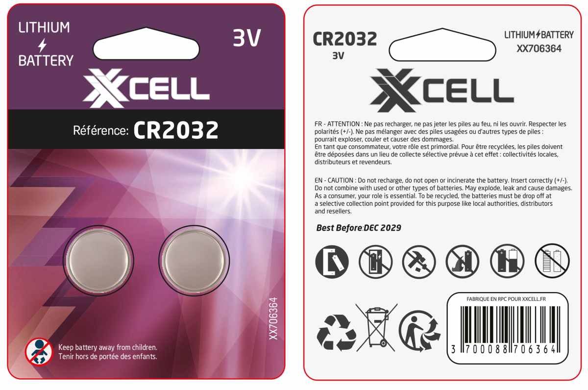 Piles bouton lithium haute capacité CR2032 XXCELL