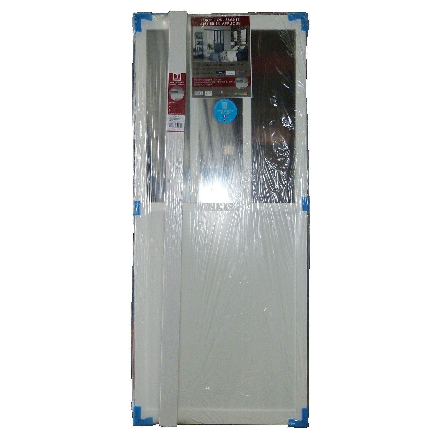 Lot porte coulissante Atelier coloris blanc de 83 cm avec rail et cache-rail alu