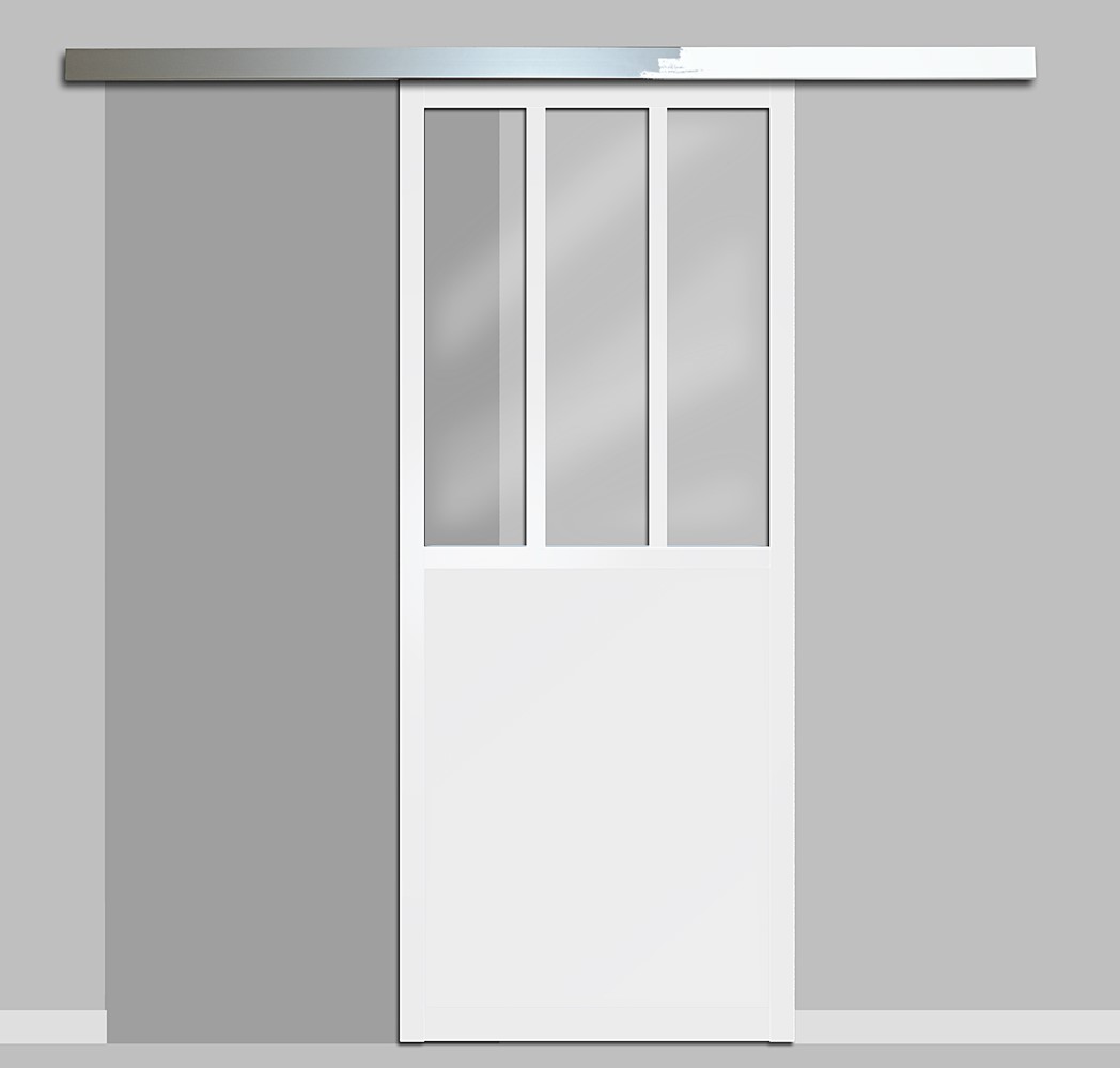 Lot porte coulissante Atelier coloris blanc de 83 cm avec rail et cache-rail alu
