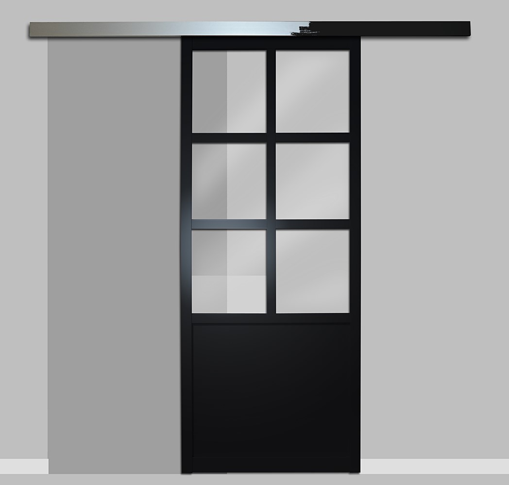 Kit porte coulissante 6 carreaux 83cm noir