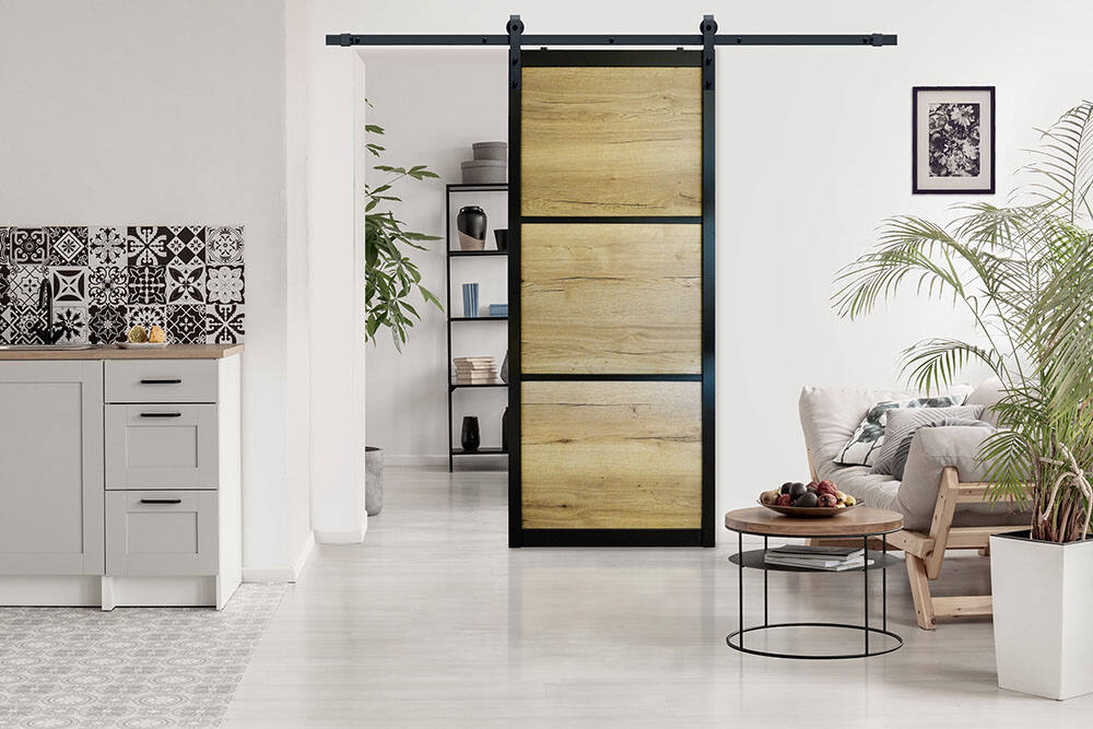 Porte coulissante Maïko noir effet métal/chêne brut 204x83x4cm sans rail - SKYLAB