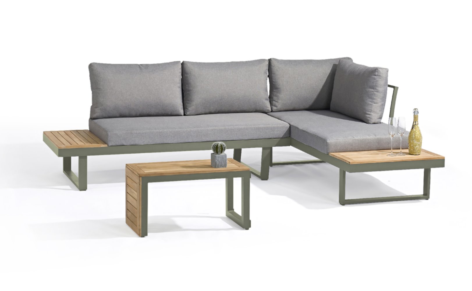 Salon de jardin modulable TOKYO 4 places bois d'acacia/aluminium kaki - DCB GARDEN