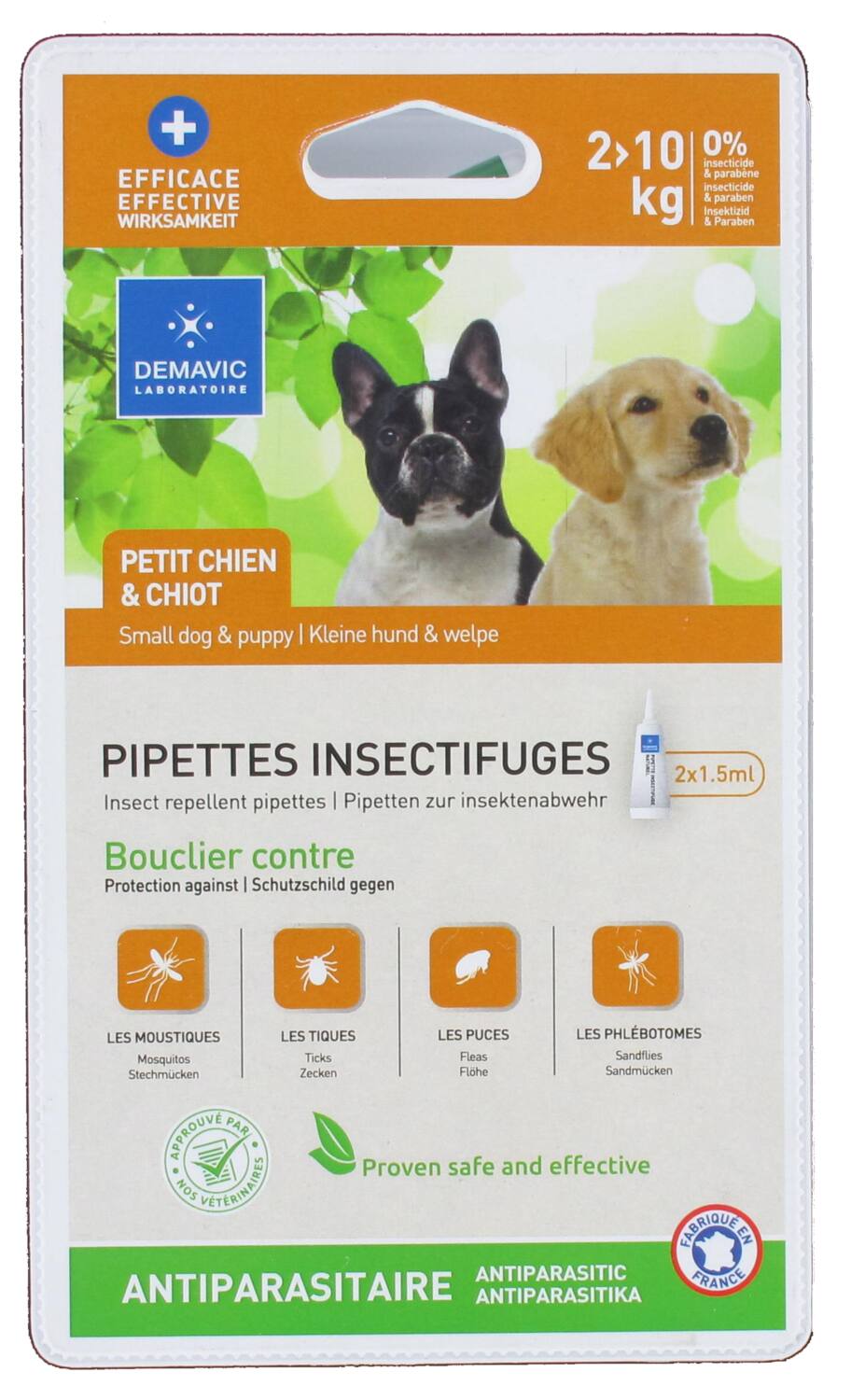 2 Pipettes Insectifuges Antiparasitaire Chiot/Petit Chien - DEMAVIC