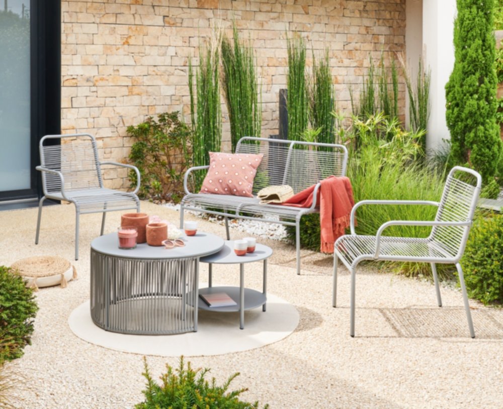 Salon de jardin bas 4 places acier/cordage résine Manon Gris clair