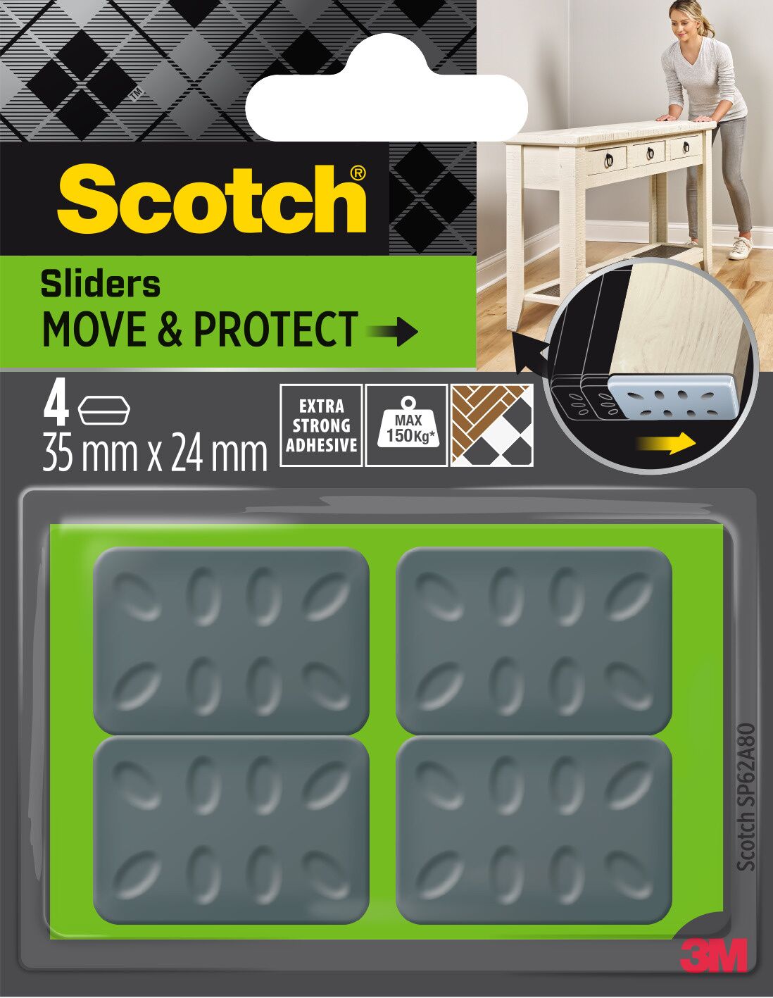 4 Patins glisseur alvéolé gris adhésif 35x24mm