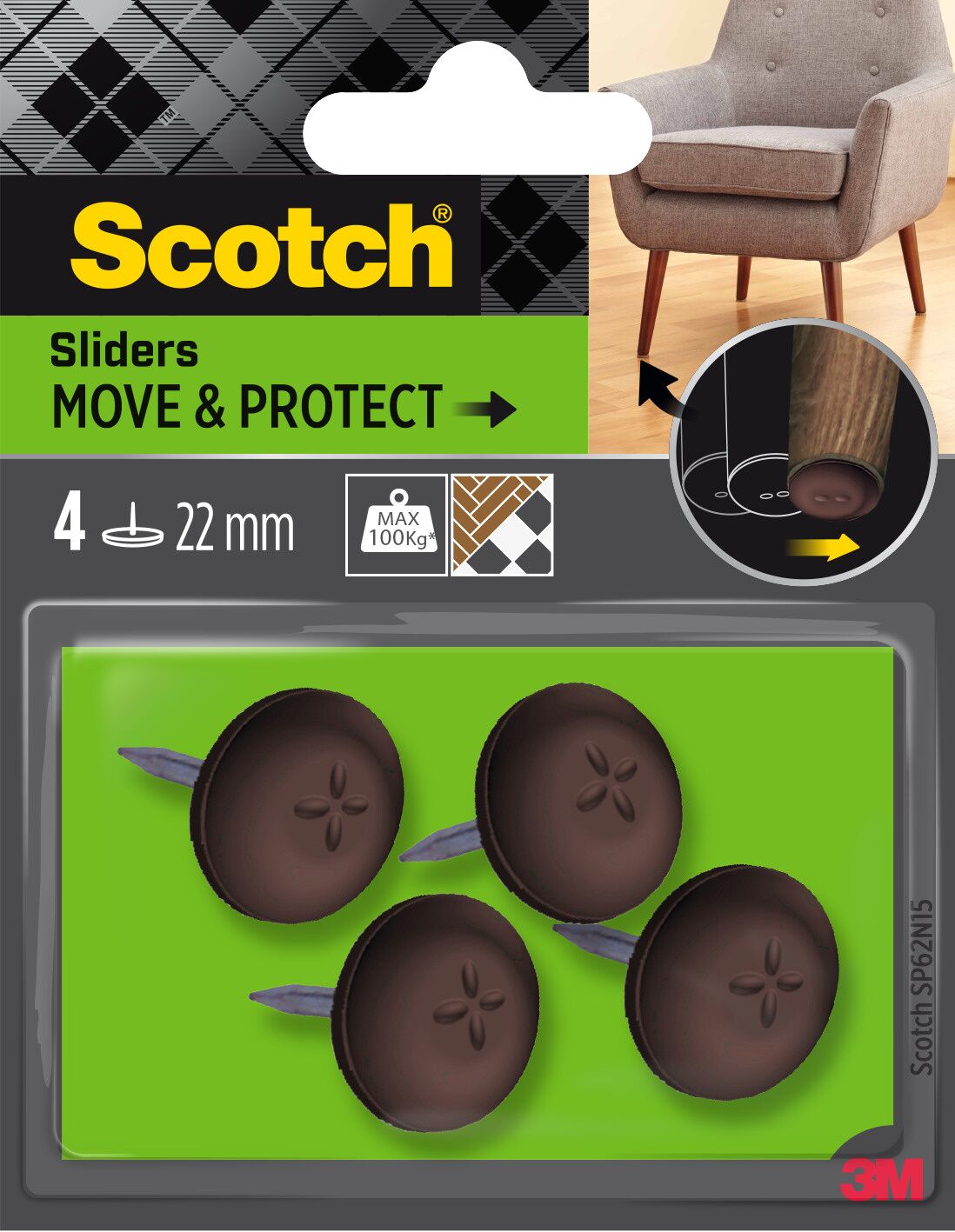 4 Patins glisseur alvéolé marron à clouer Ø22mm