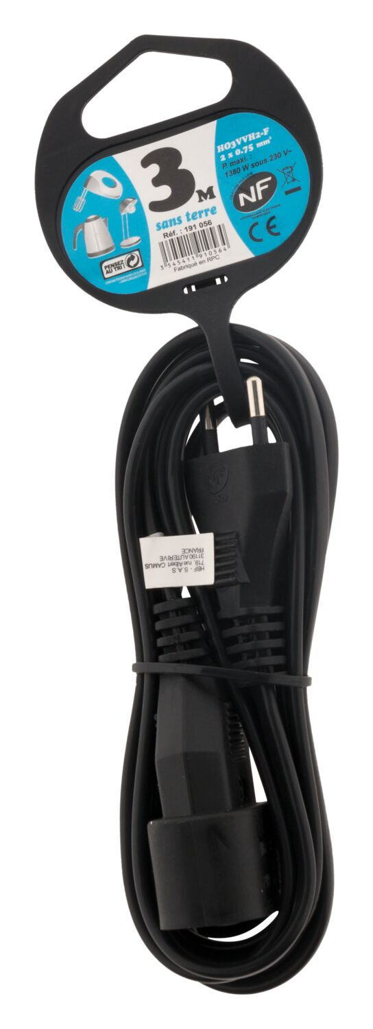Rallonge électrique ménager 6A Noir 3m - ZENITECH