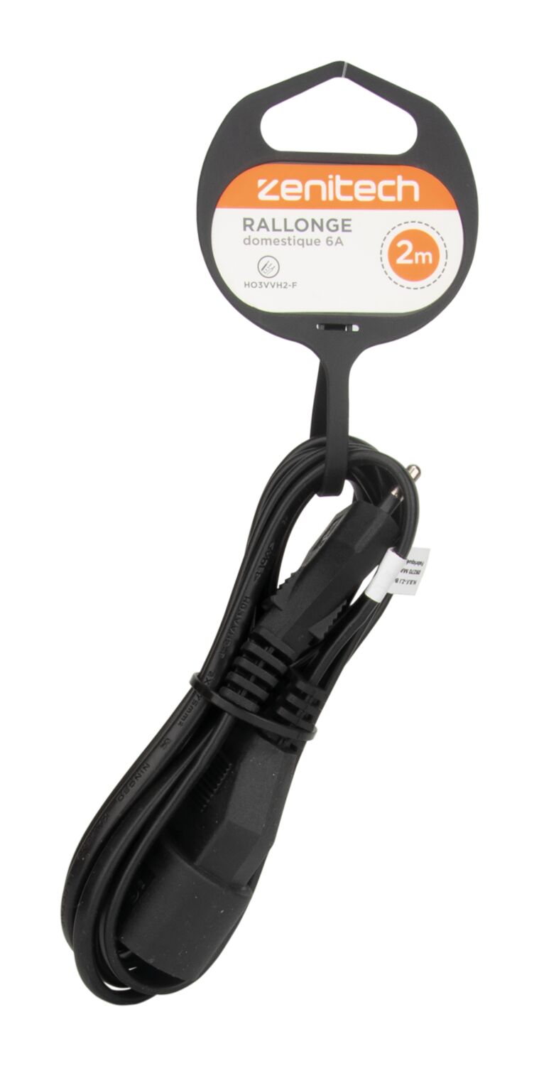 Rallonge électrique ménager 6A Noir 2m - ZENITECH