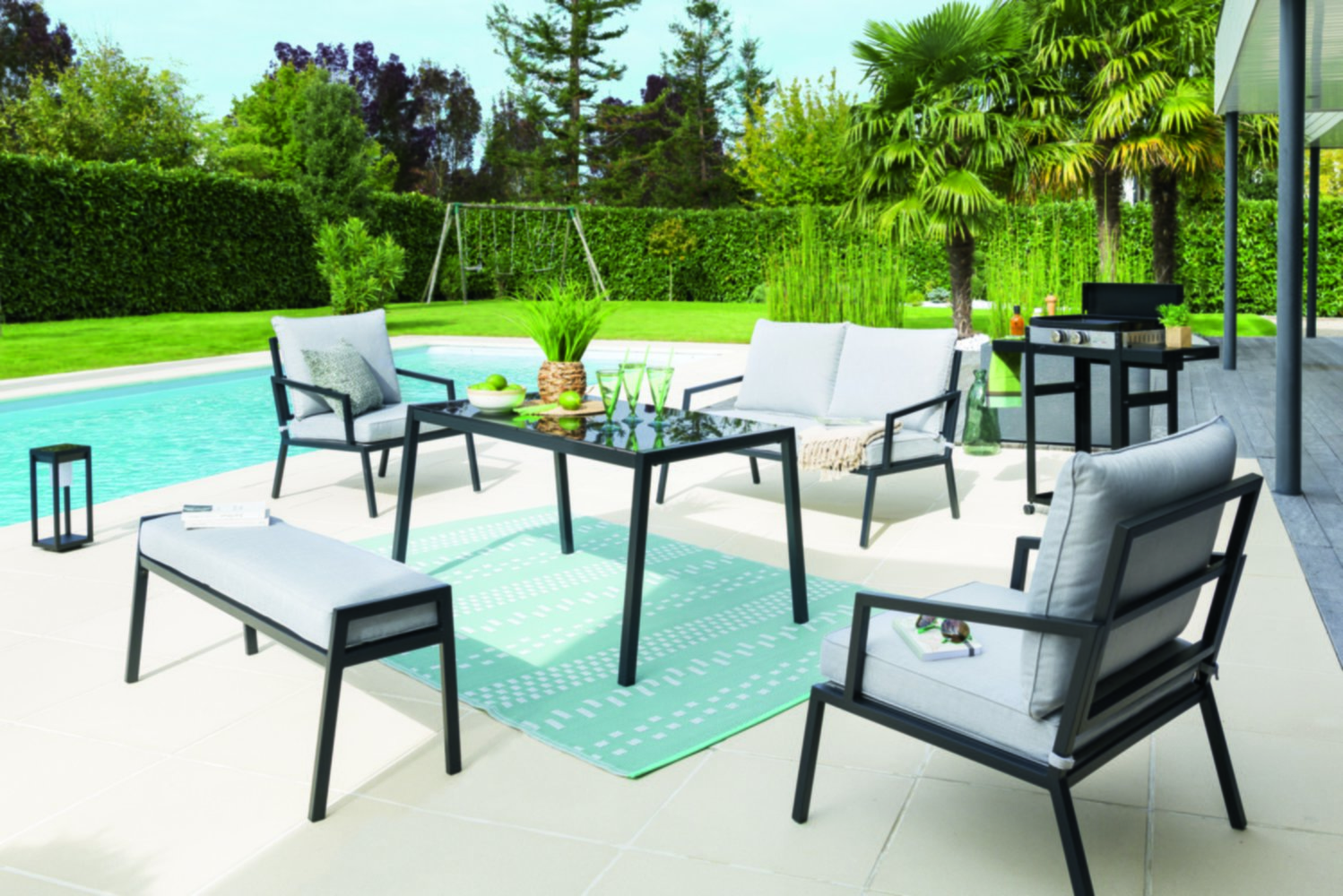 Salon de jardin bas 6 places acier Lunchy Gris