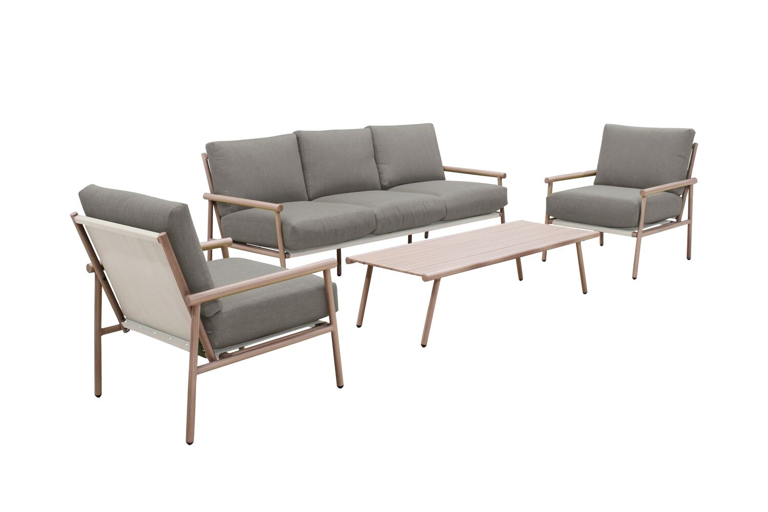 Salon de jardin bas 5 pers. Neo alu décor bois + coussins