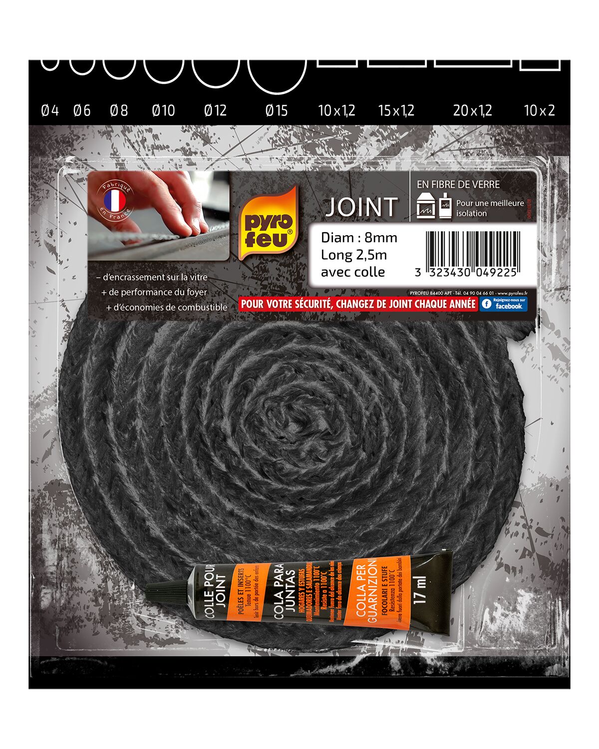 Joint noir Ø8 mm 2,50m + tube colle - PYROFEU