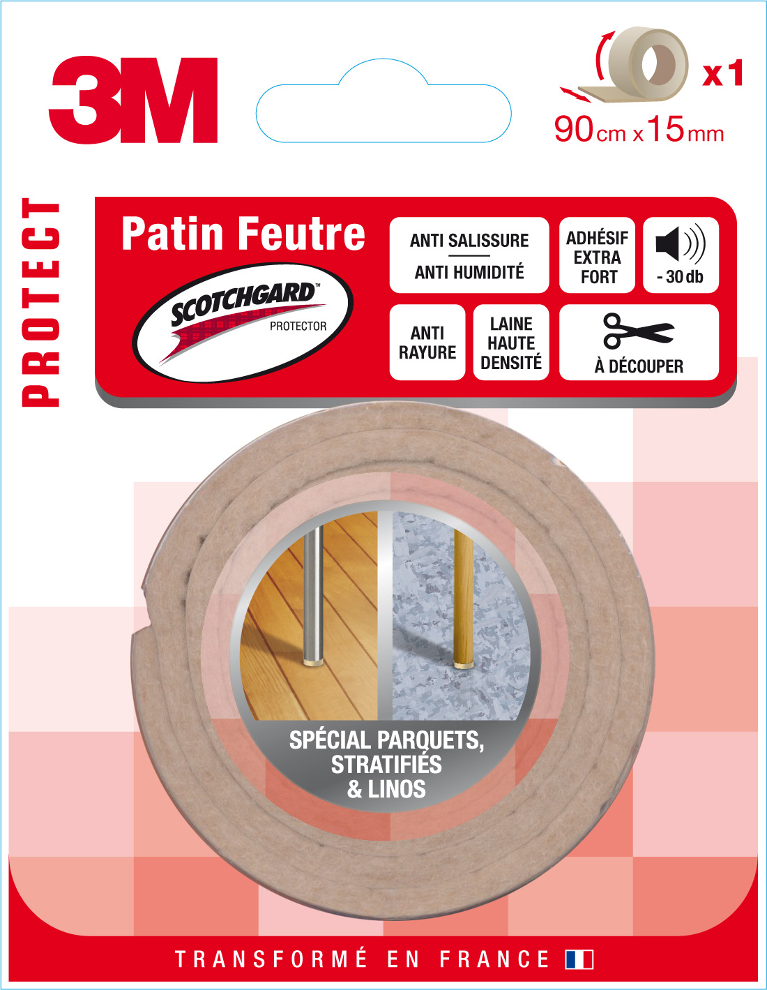 Patin feutre laine scotchgard adhésif 0,9mx15mm beige - 3M