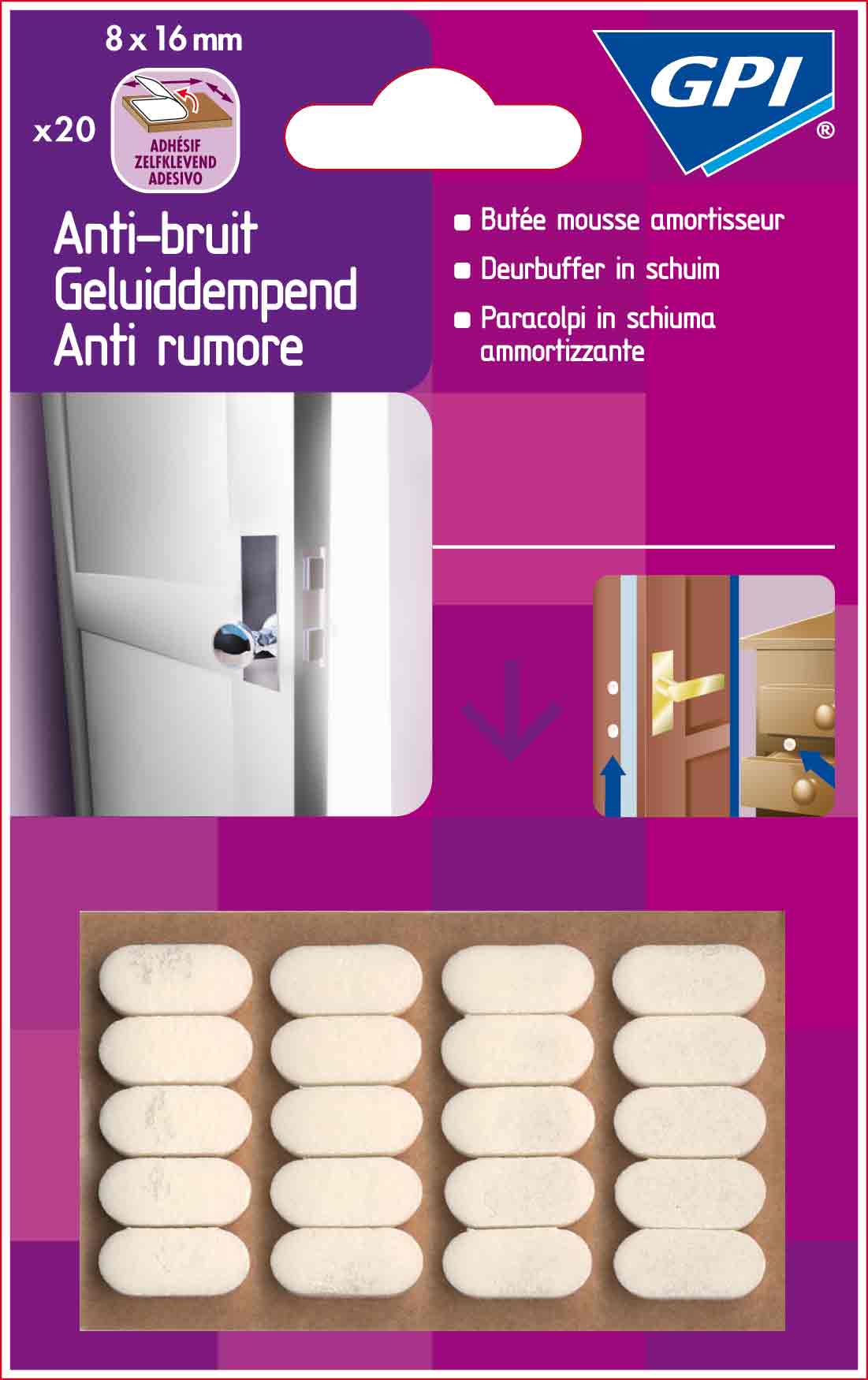 patin mousse anti-bruit adhésif blanc 8x16mm - GPI