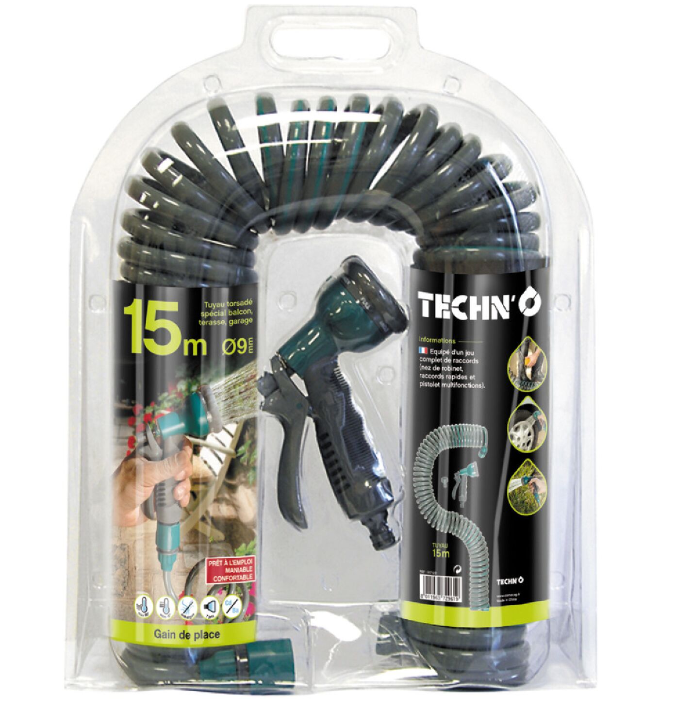 Tuyau d'arrosage spécial Balcon Ø9mmx15m gris/vert - TECHNO