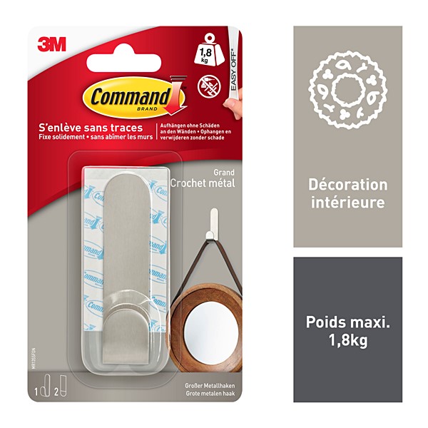 Crochet adhésif métal courbe grand modèle deco - 3M
