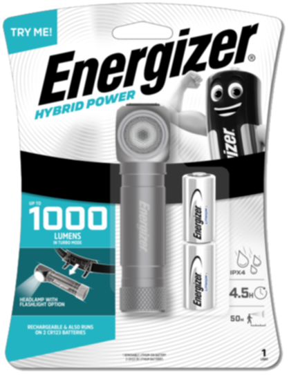 Lampe torche frontale 2en1 Hybrid 1000lm + 2 piles CR123  - ENERGIZER