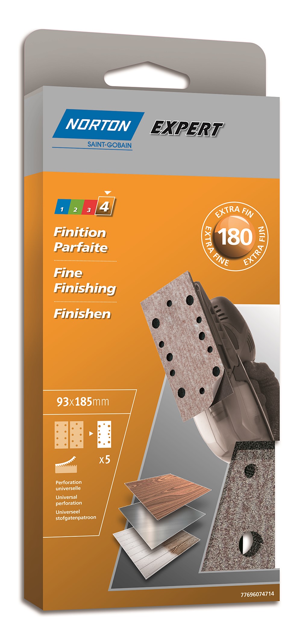 5 Patins auto-agrippants ponceuse vibrante 93x190mm Grain 180 - NORTON