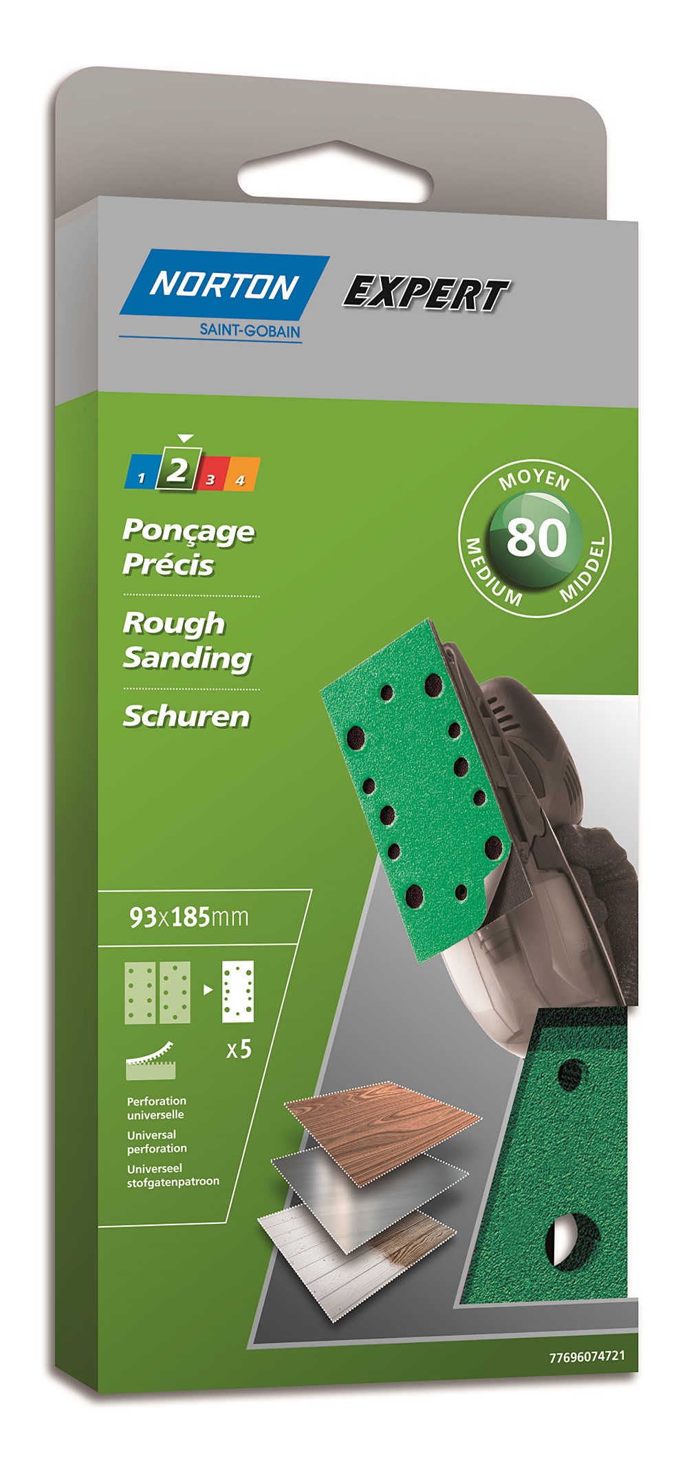 5 Patins auto-agrippants ponceuse vibrante 93x190mm Grain 80 - NORTON