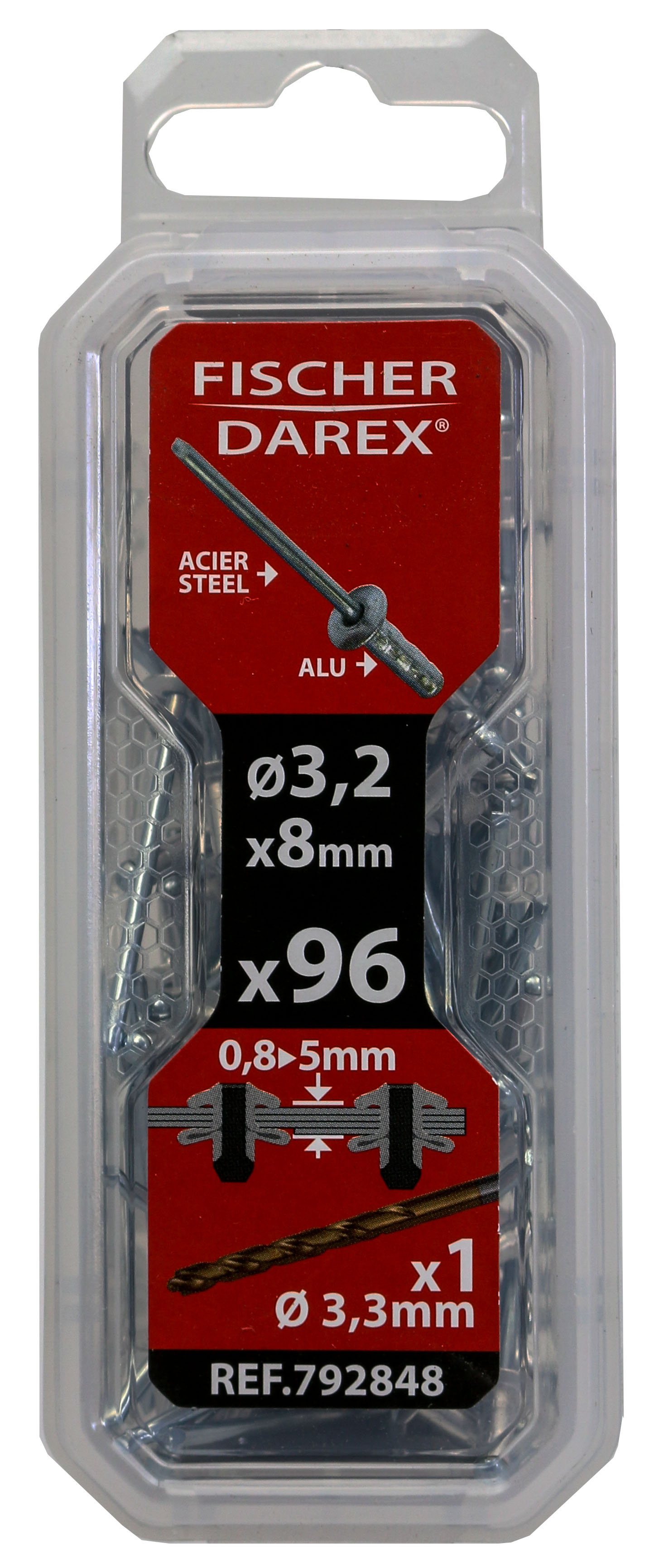rivets aveugle 3.2x8 96 pcs alu acier tête plate - FISCHER DAREX
