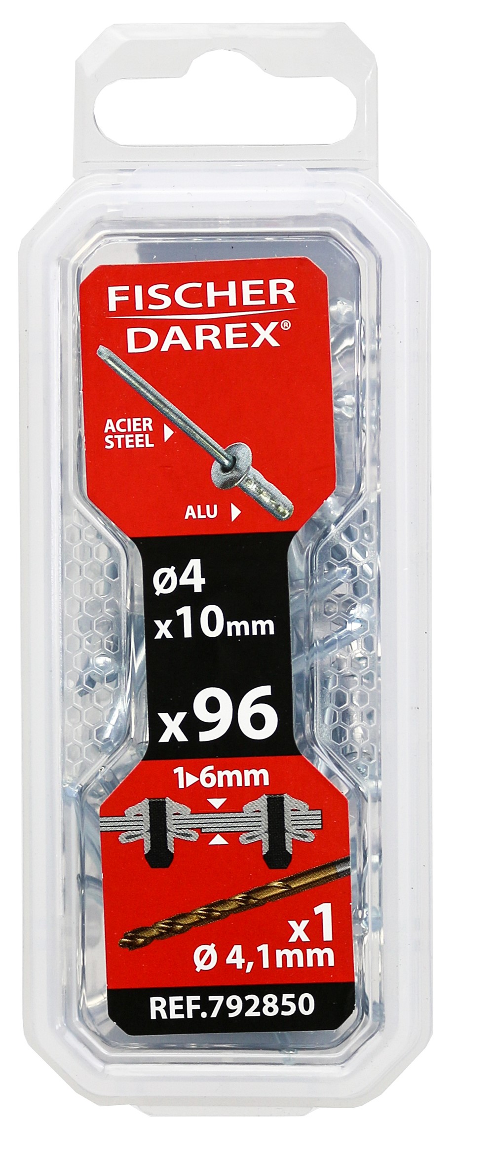rivets aveugle 4x10 96 pcs alu acier tête plate - FISCHER DAREX