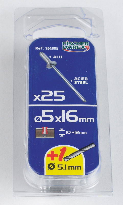 rivets aveugle 5x16 25 pcs alu acier cannele tete plate - FISCHER DAREX