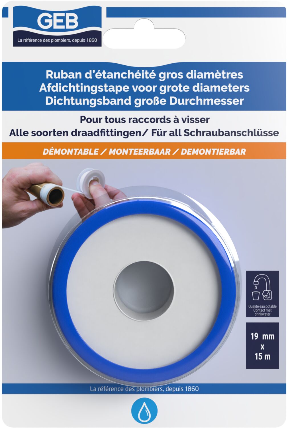 Ruban d'étanchéité PTFE gros diamètre 19 mm / blister - GEB