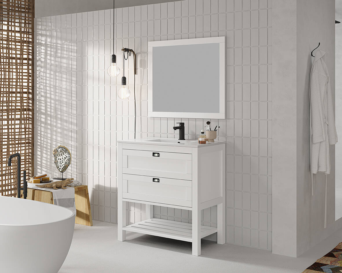 Meuble salle de bain Vintage bois massif blanc H.85cm