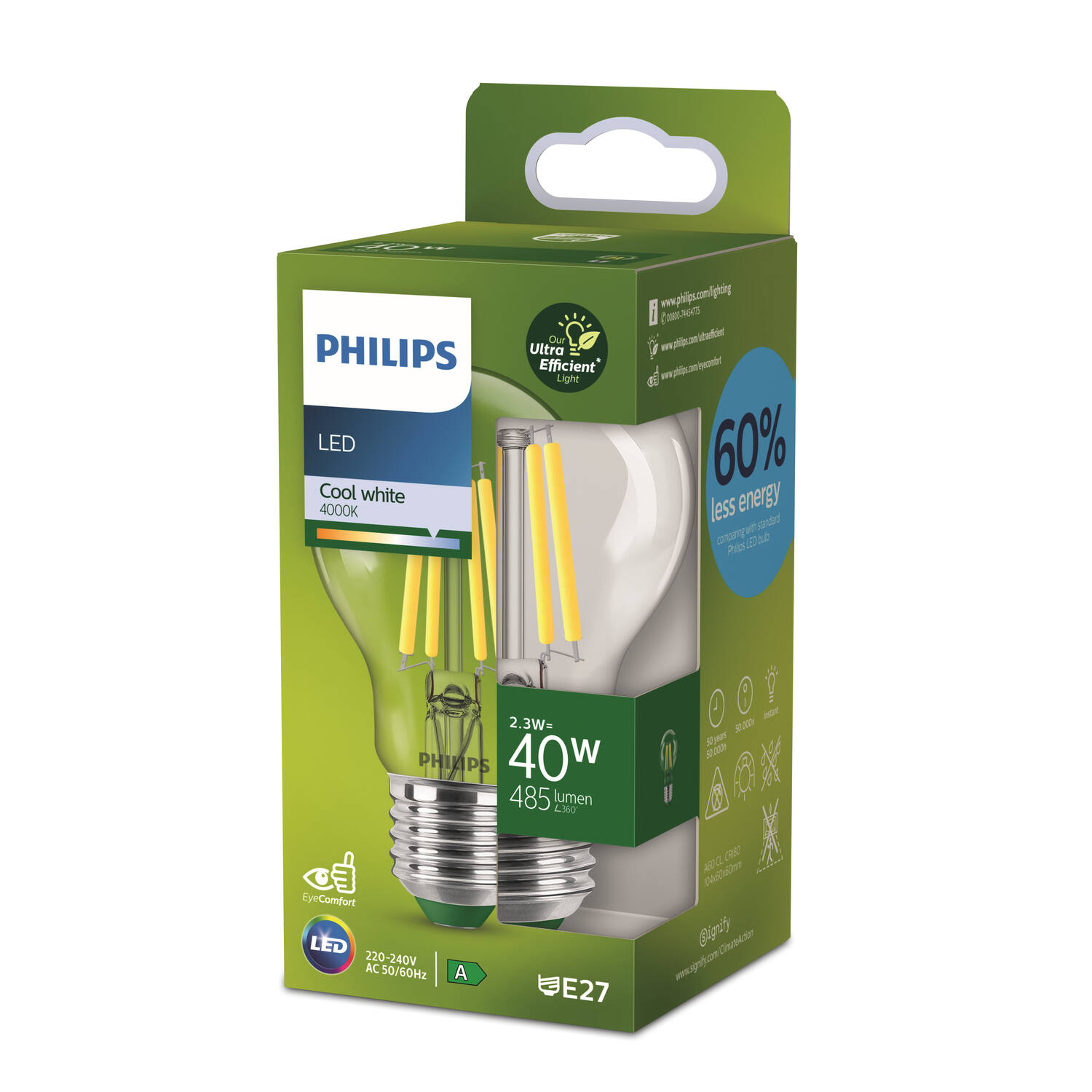 Ampoule LED Ultra Efficient 40W Standard E27 Blanc Froid Claire Non-Dimmable Verre - PHILIPS