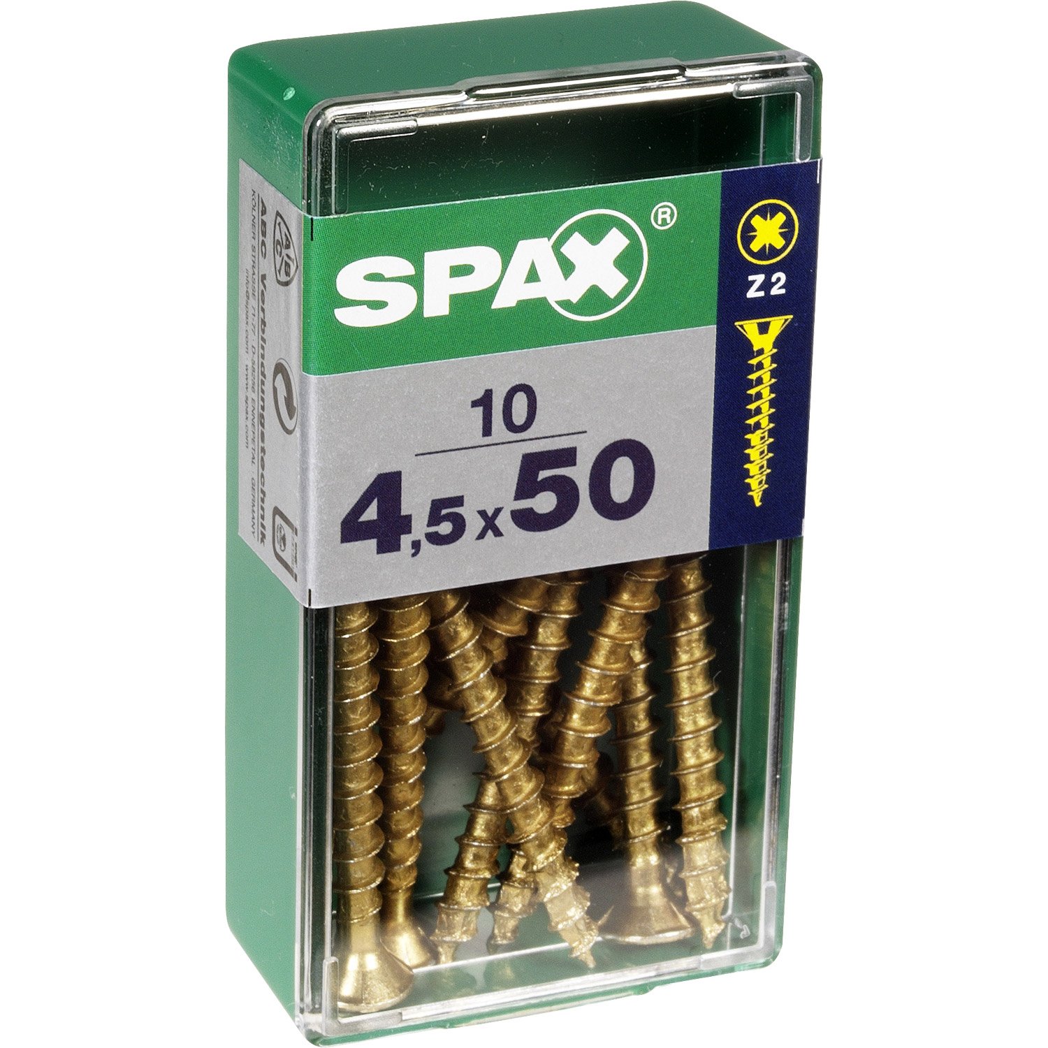 10 vis 4,5x50 tête fraisée empreinte PZ2 jaune SPAX