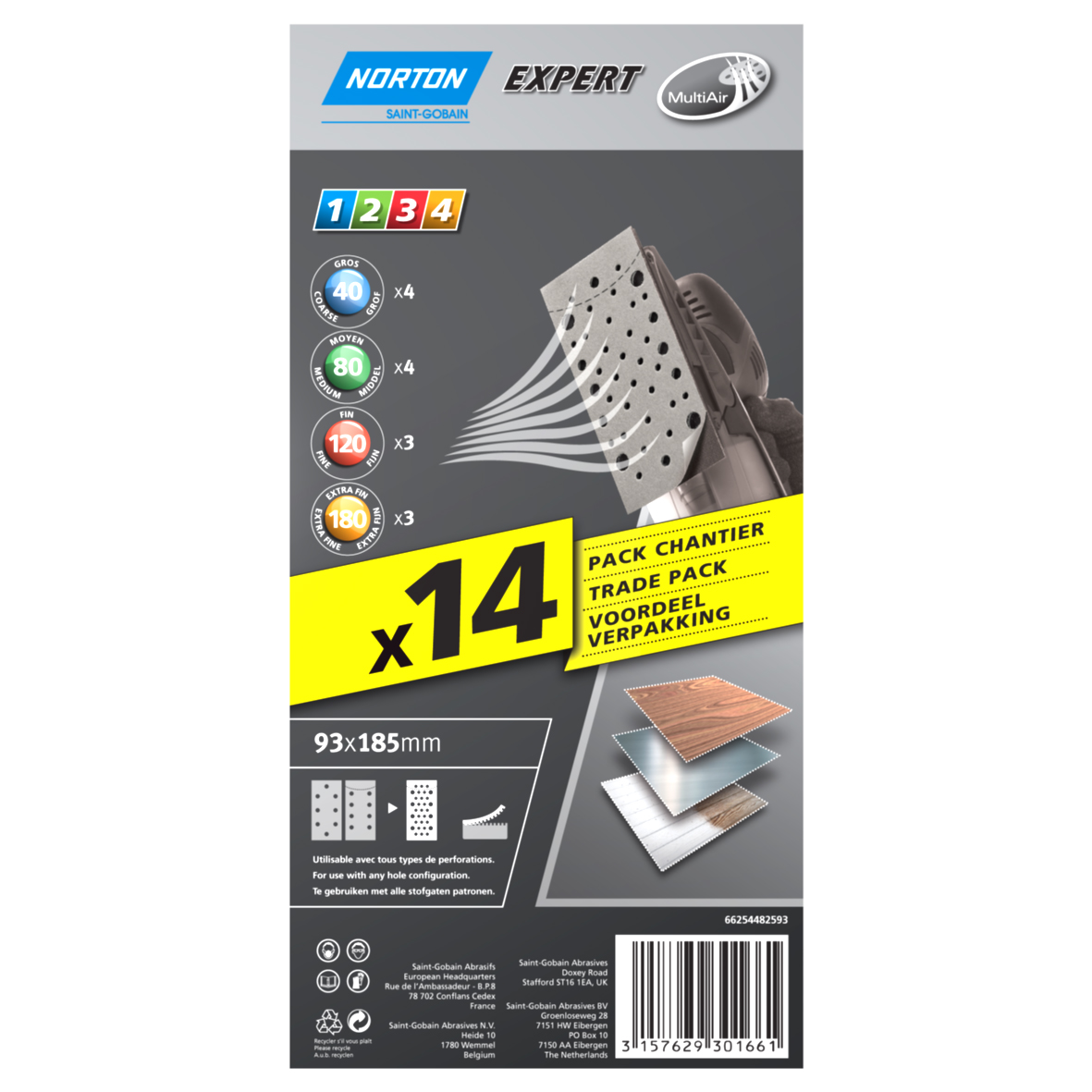 14 patins perforés pour ponceuse 93x185mm Grains assortis - NORTON