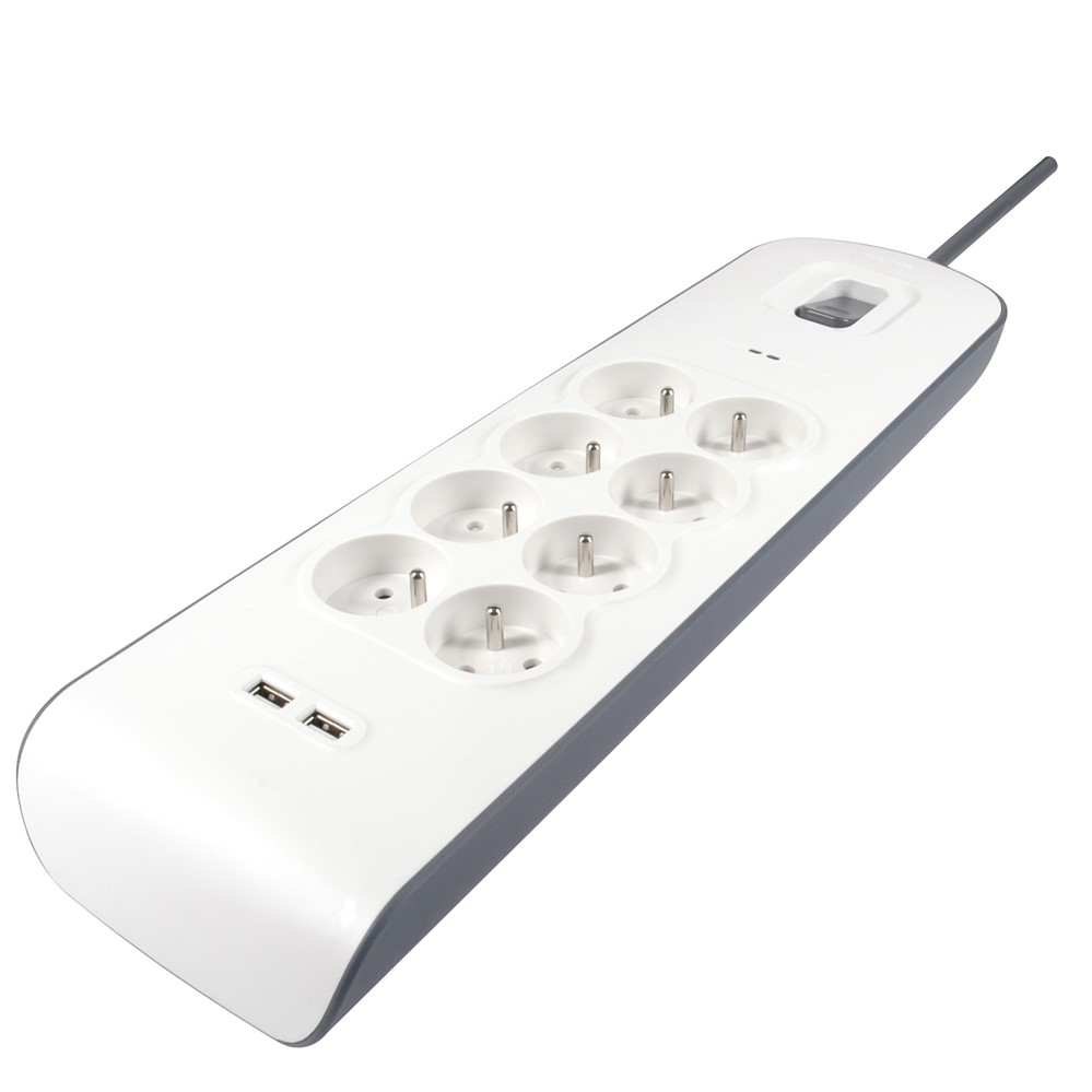 Multiprise Parafoudre 8 Prises 2P+T Interrupteur 2 USB 2,4A 2m Blanc Gris - BELKIN