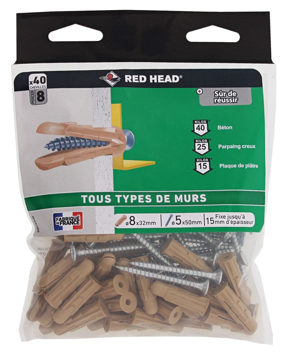 40 Chevilles Grapex Ø8x32mm + Vis TF Ø5x50mm - RED HEAD