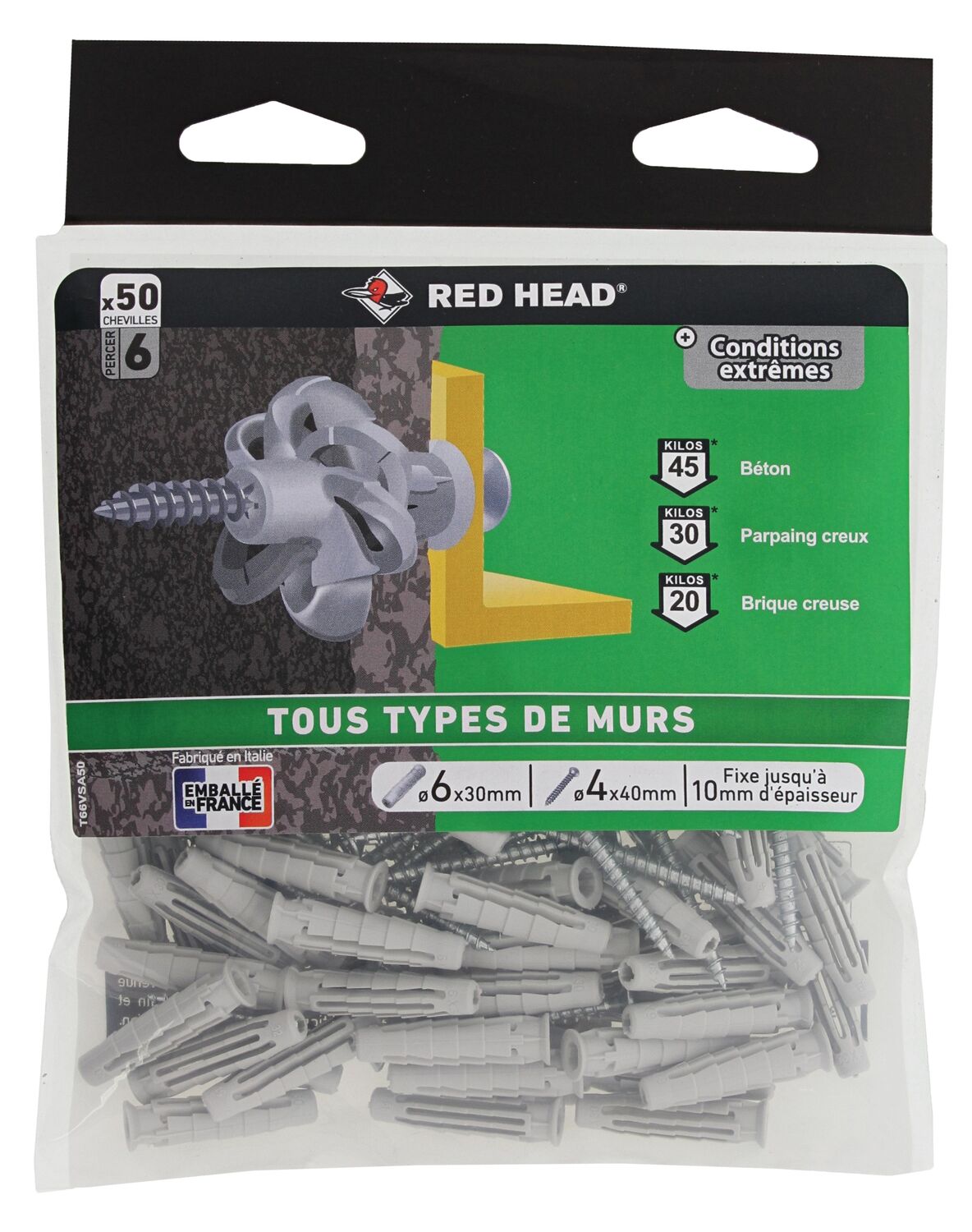 50 Chevilles Nordtech Ø6x30mm + Vis TF Ø4x40mm - RED HEAD