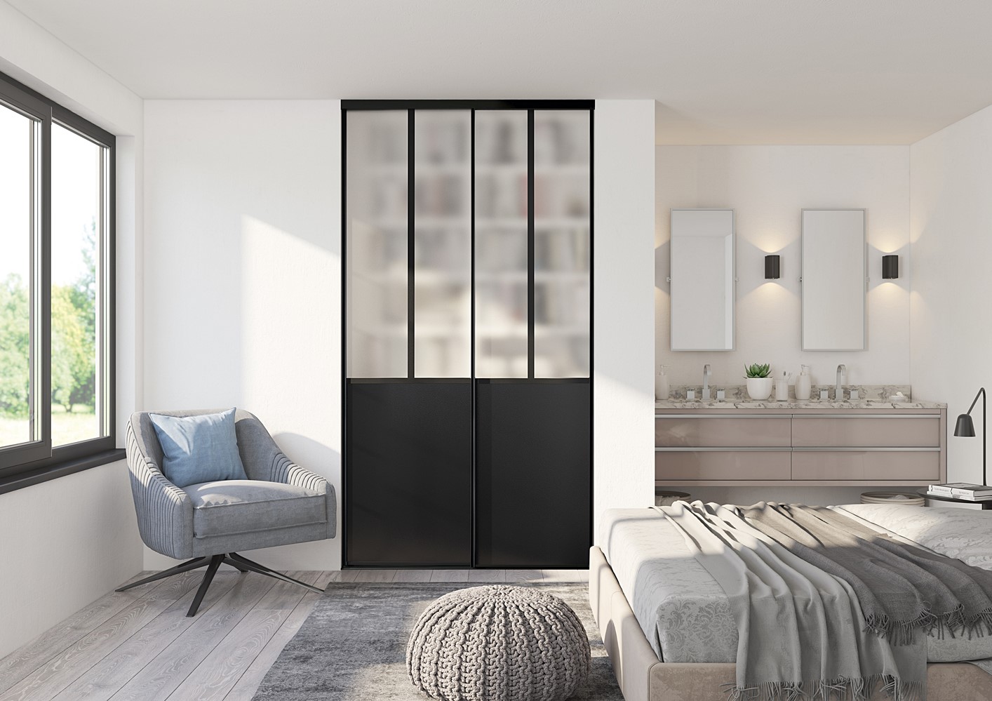 Porte de placard type verrière atelier 250x60,8cm noir - OPTIMUM