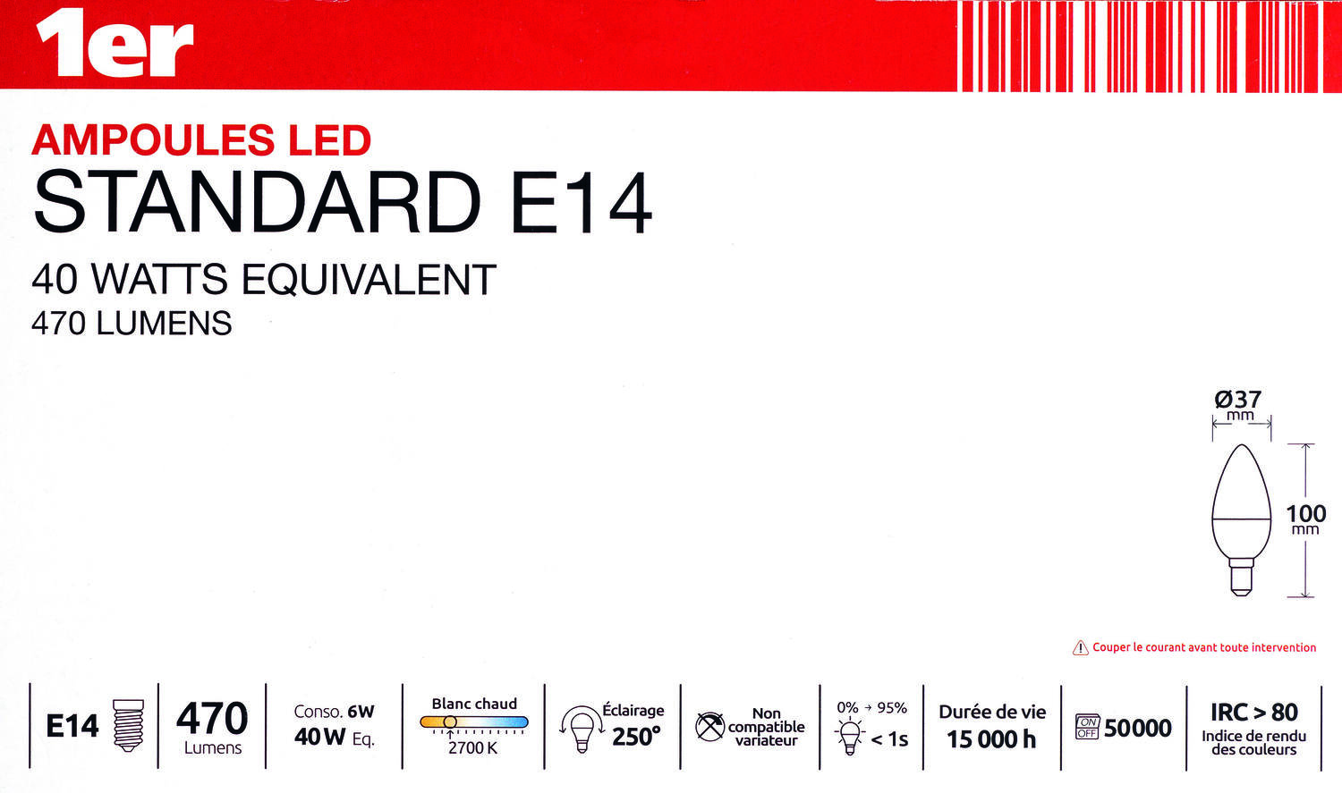 5 ampoules led flamme SMD E14 470lm 5W blanc chaud - 1ER