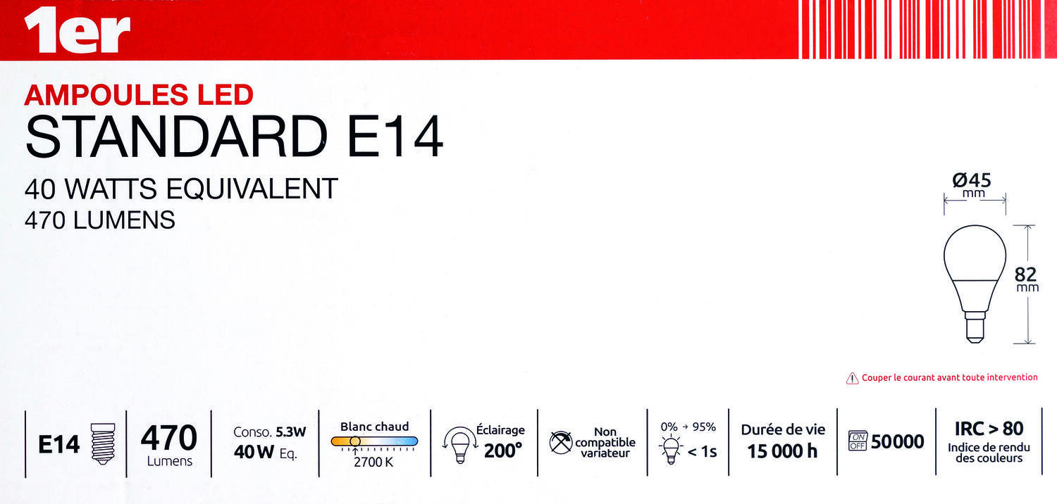 5 ampoules led sphérique SMD E14 470lm 5W blanc chaud - 1ER