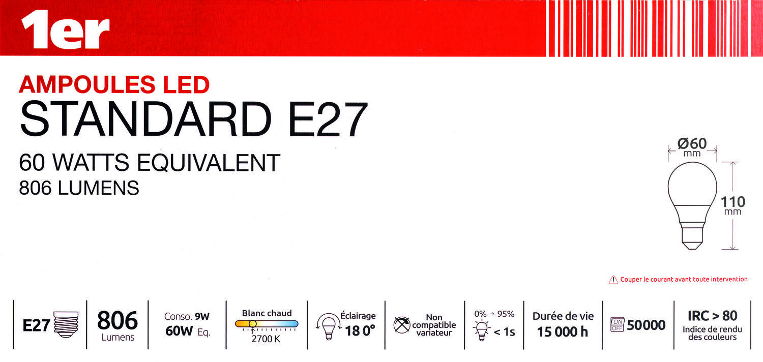 5 ampoules led standard E27 806lm 8,8W Ton chaud - 1ER